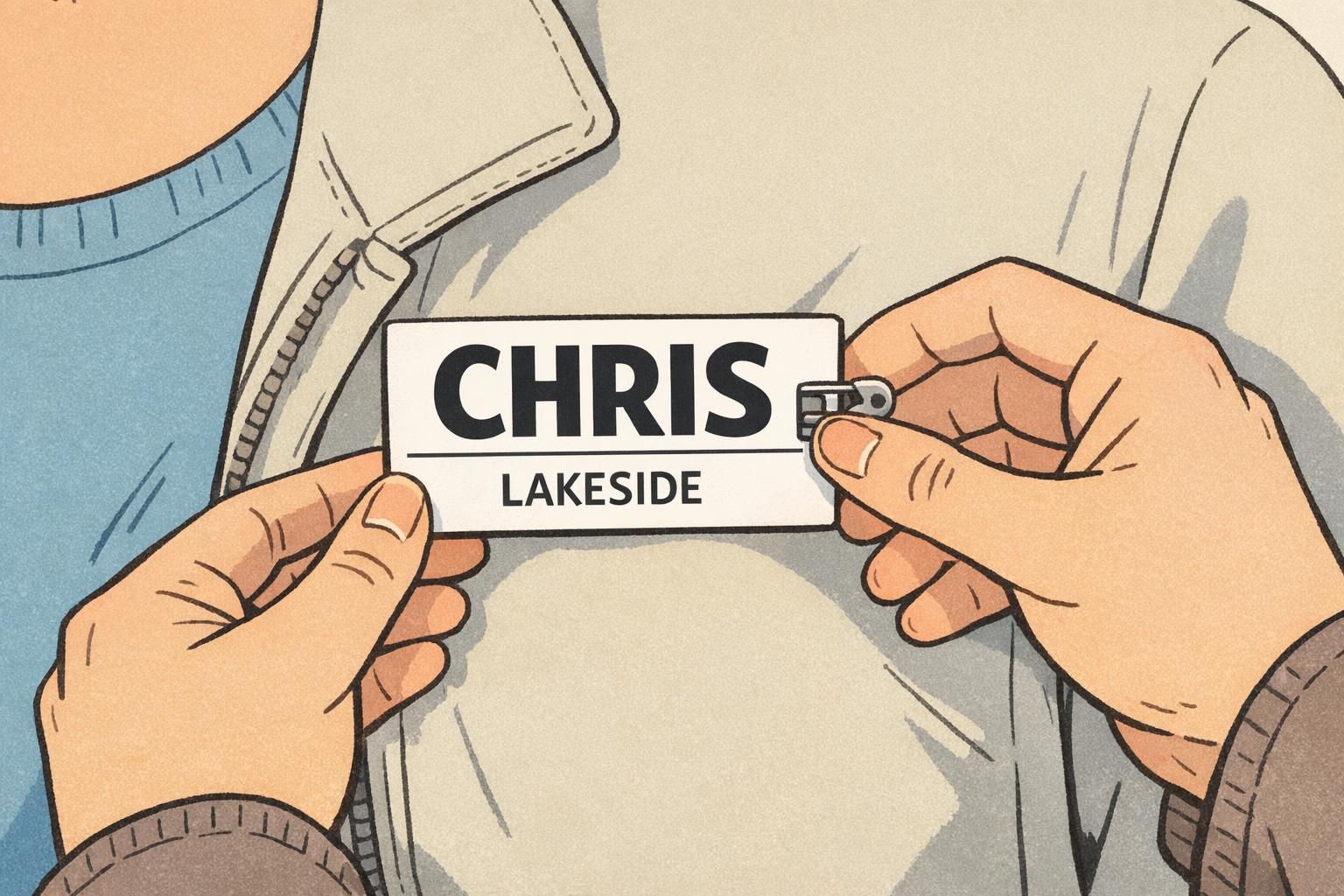 Close view of a person pinning a badge with a bold one-line first name 'CHRIS' and a smaller organization line demonstrating a large name badge.
