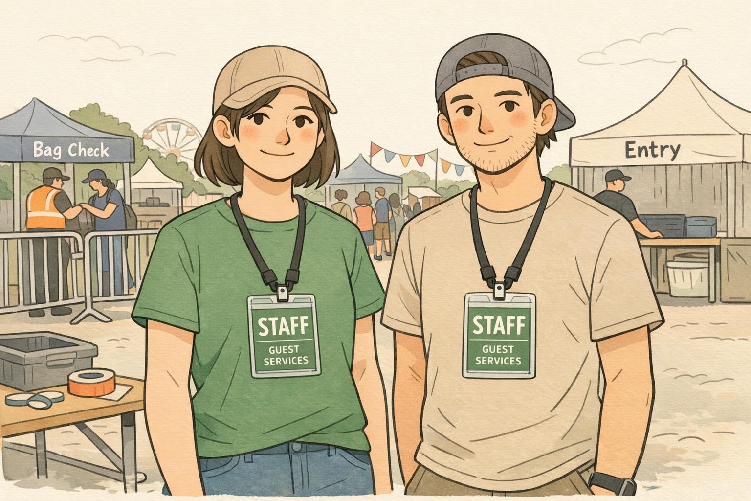 Two team members at an outdoor festival checkpoint wearing matching event staff badge cards clipped at chest level, showing consistent placement for predictable staff identification.