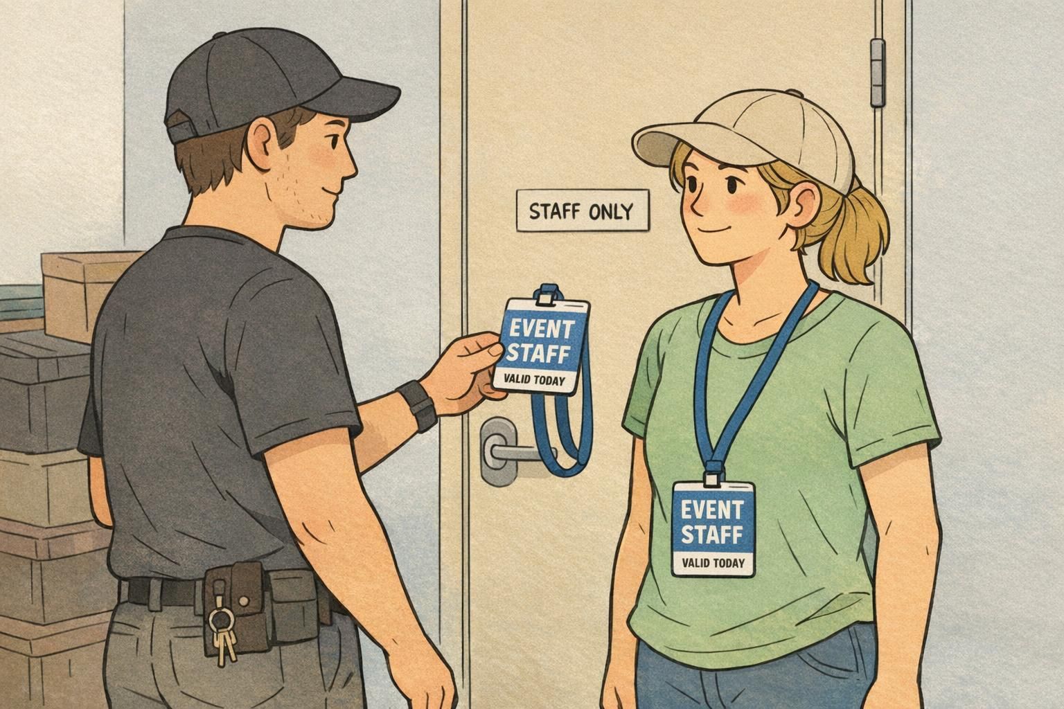 Event staff checks a volunteer's event badge at a staff-only entrance; the badge hangs on a blue lanyard and is marked valid for the day.