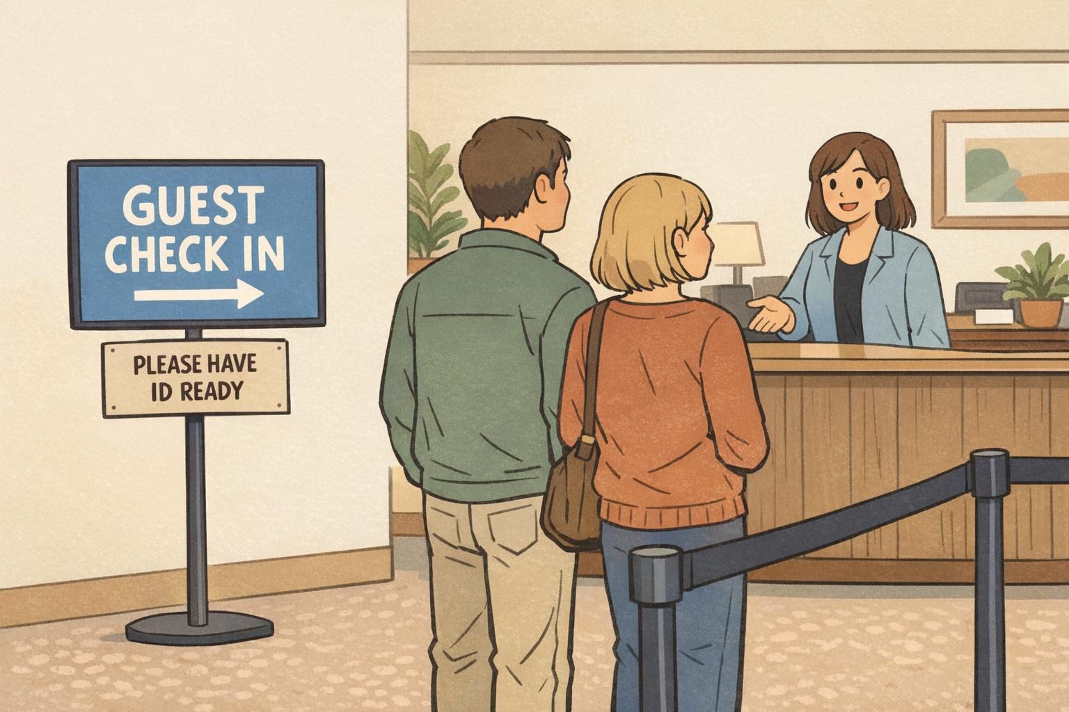 Lobby wayfinding sign directing visitors to the guest check in area while people wait calmly.