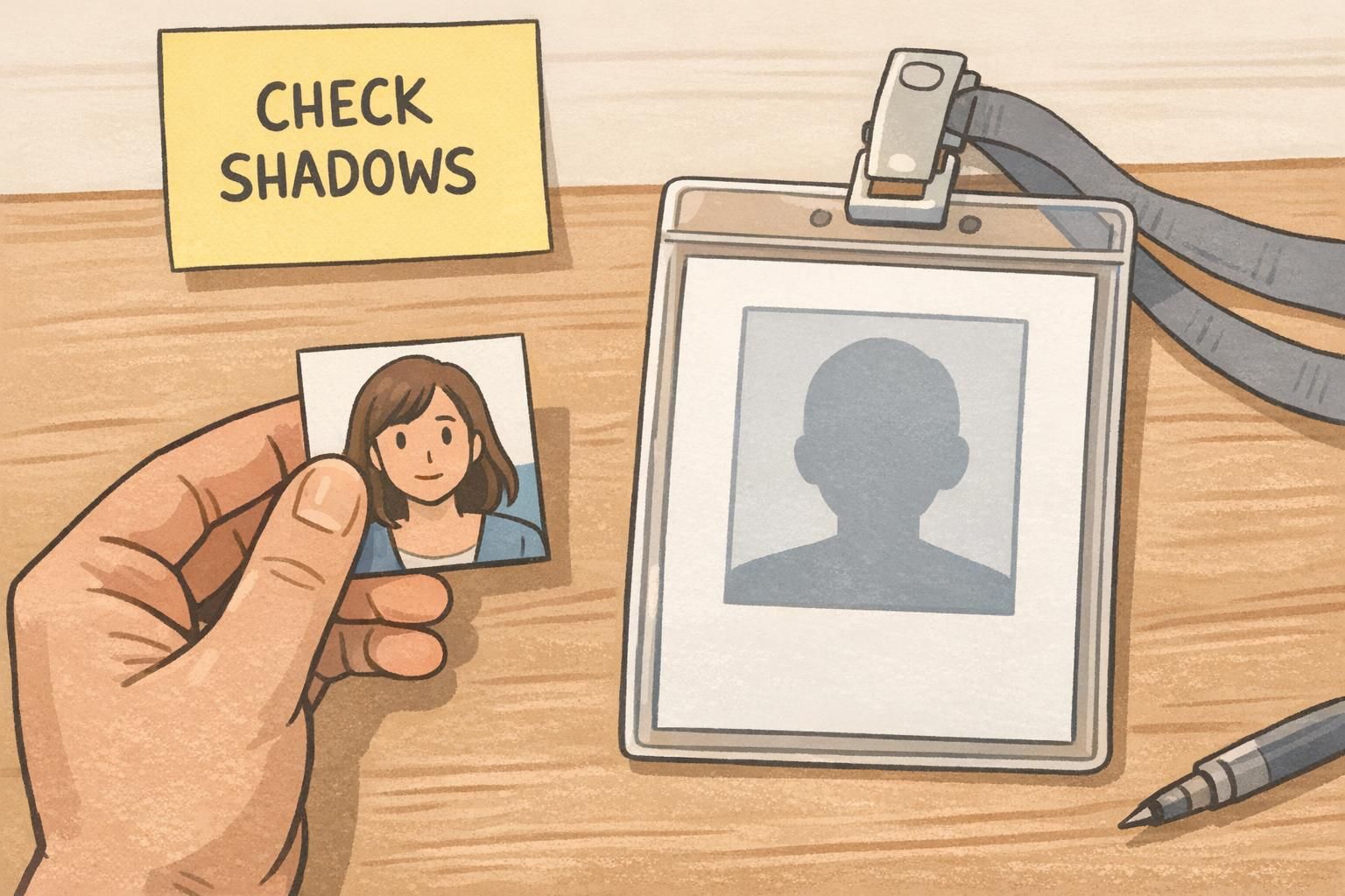 Person comparing a portrait photo to a printed badge mockup, checking shadows and print resolution to ensure facial clarity.