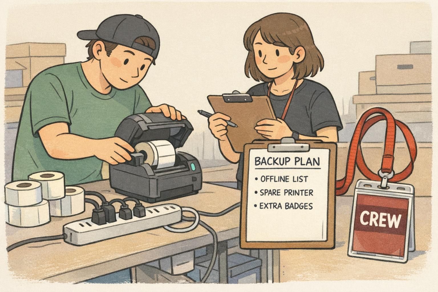Crew member replacing a printer label roll and reviewing a backup plan checklist to prevent printing outages during event check in.