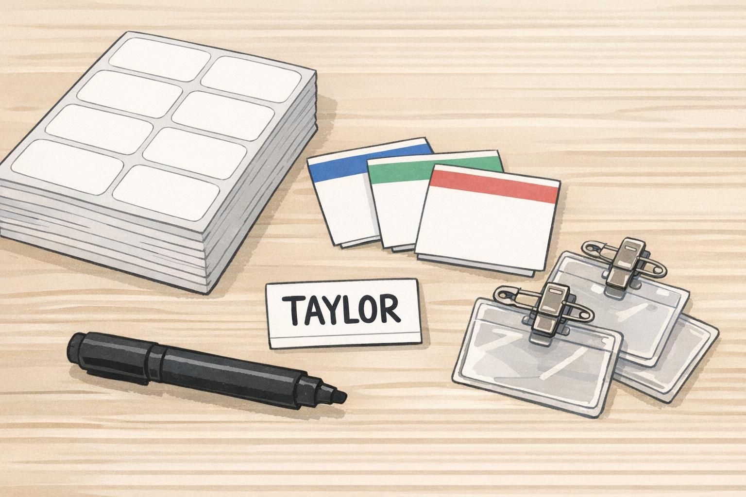 Tabletop layout of supplies for temporary name tags with adhesive labels, a thick black marker, branded base cards, and clip-on holders with a sample label.