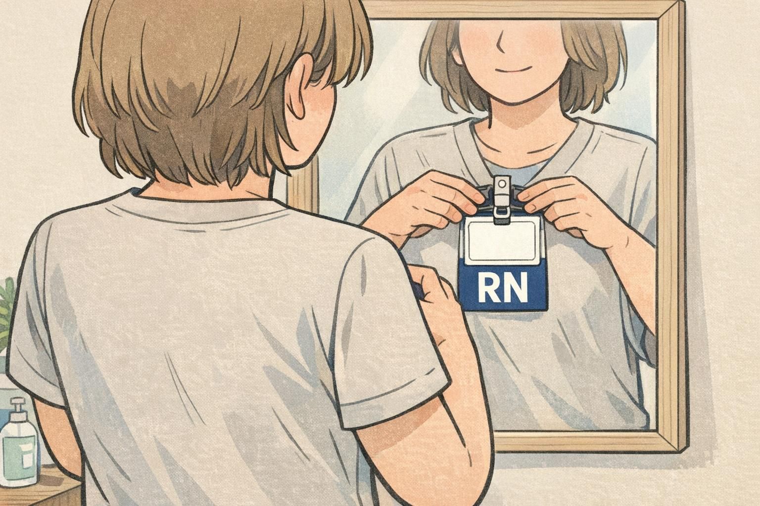 Staff member adjusting a clipped ID badge stack to keep a dark-blue badge buddy labeled RN front-facing, demonstrating how to maintain a clear role badge in daily wear.