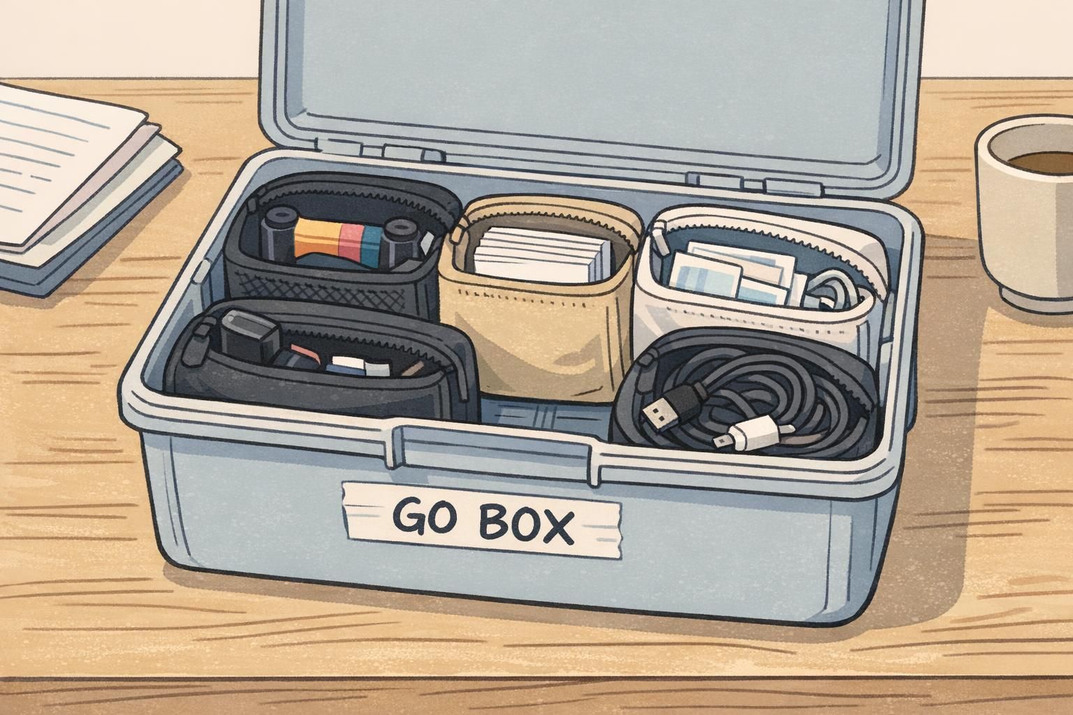 Opened go-box containing separated pouches for spare ribbon, extra badge stock, cleaning cards, and spare cables packed for fast deployment.
