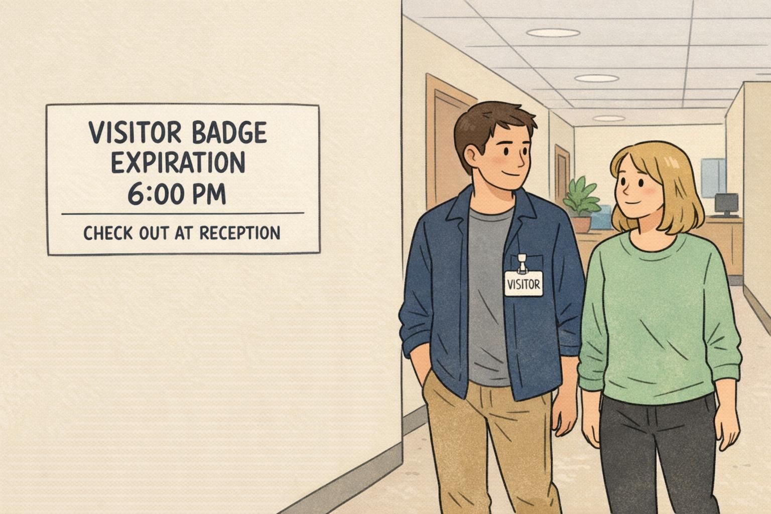 Hallway reminder sign showing visitor badge expiration at 6:00 PM and an instruction to check out at reception to reinforce the return process.