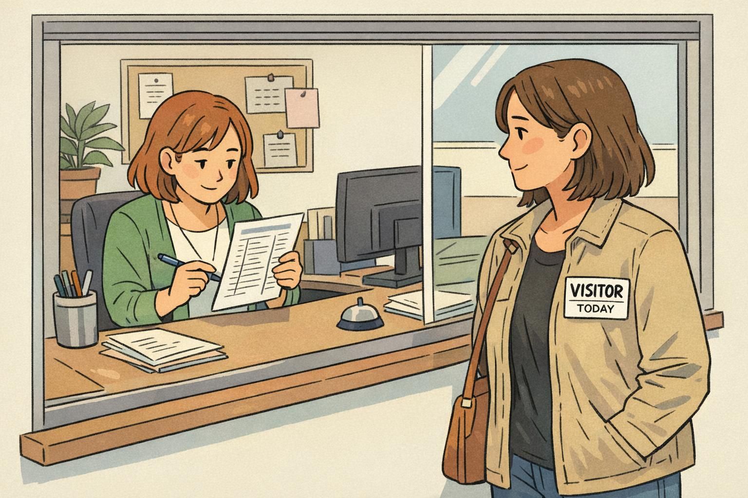 Guardian wearing a visitor sticker at the after-school pickup window while a staff member checks the sign-in list.