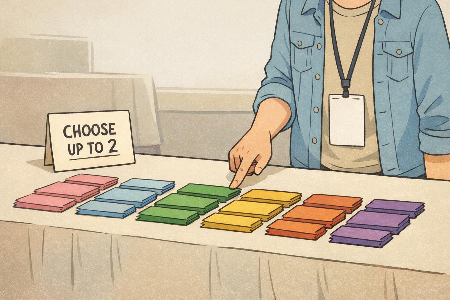 Registration pickup station with an attendee pointing at ribbon options and a sign that reads CHOOSE UP TO 2 for conference badges.