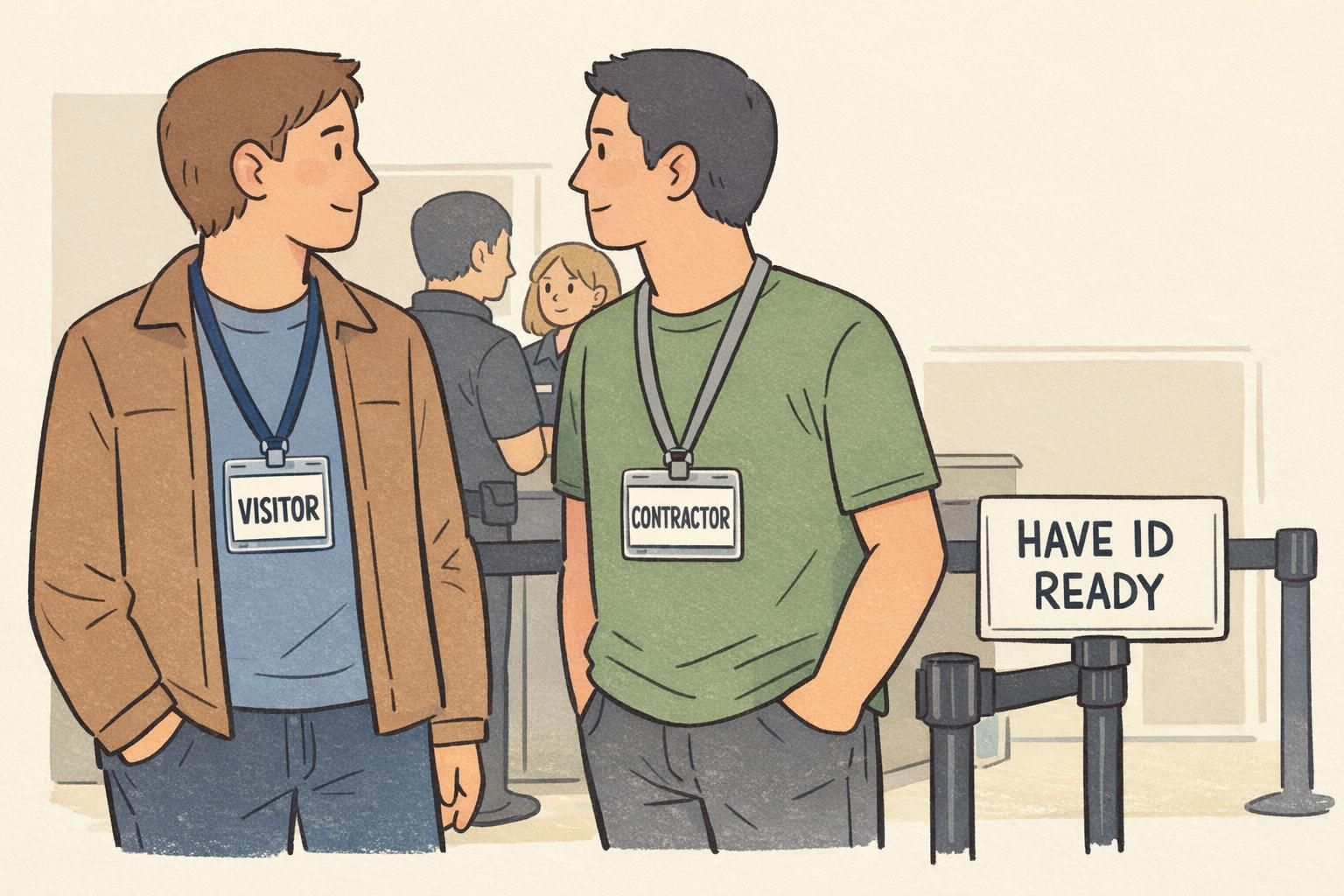 Security checkpoint showing a visitor with a VISITOR badge and a contractor with a CONTRACTOR badge to support clear facility visitor management.
