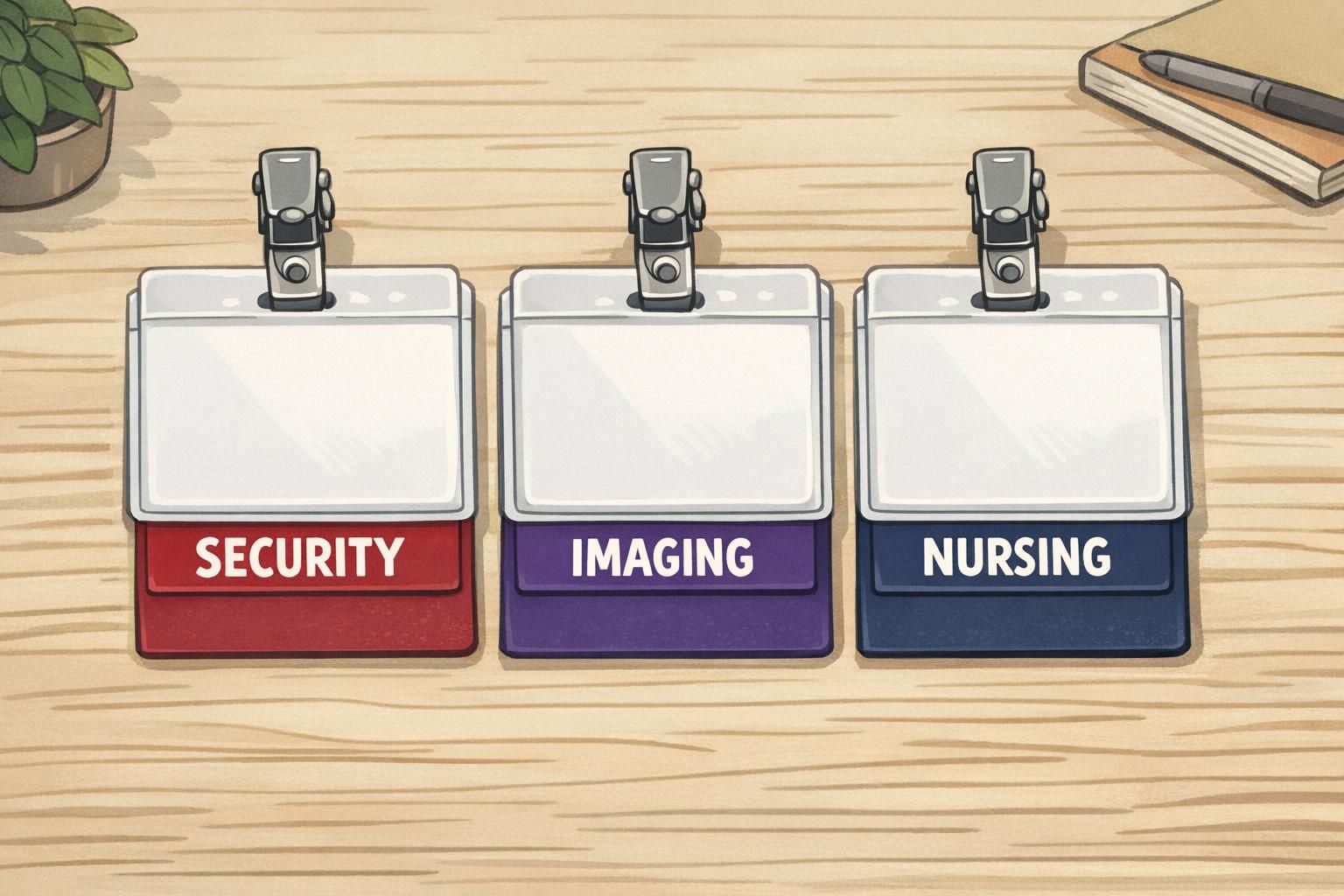 Close-up tabletop comparison of three badge buddy stacks labeled SECURITY, IMAGING, and NURSING, showing high-contrast color coding and layout for quick role recognition.