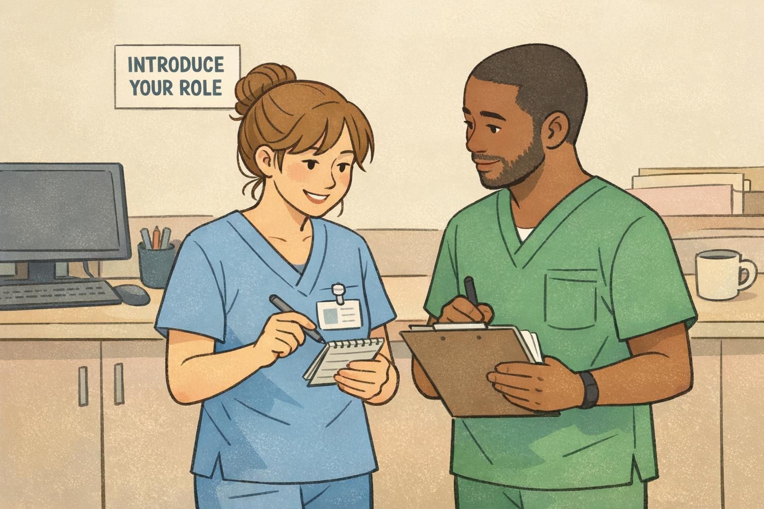 Two clinicians at a nurses’ station comparing notes, with a visible reminder to introduce roles and both staff wearing standard ID badges.