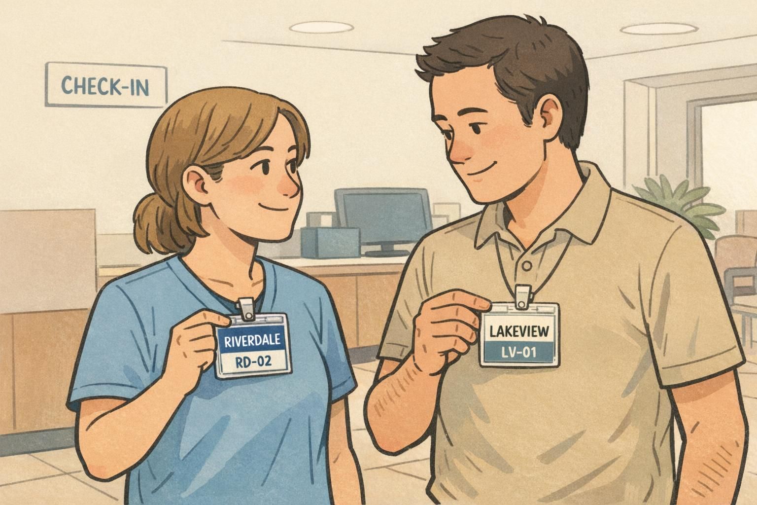 Reception staff compare two employee badges to confirm site names and short location codes during check-in.