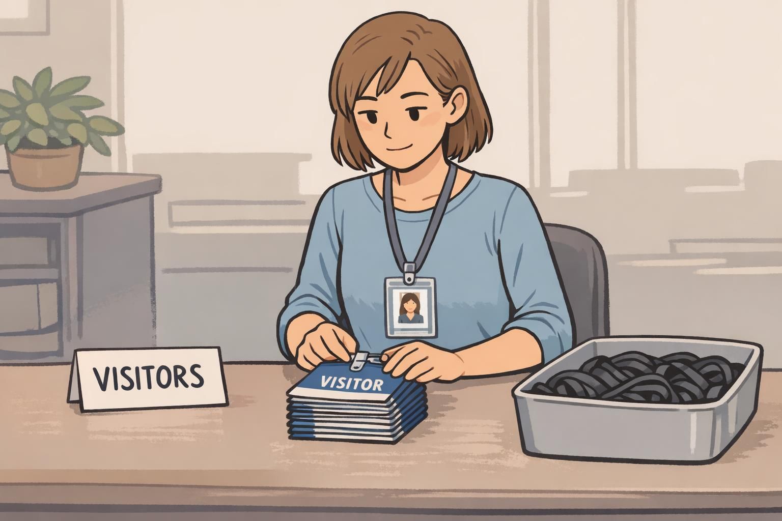 Front-desk staff organize visitor event badges in a stack while wearing a consistent employee ID on a lanyard.