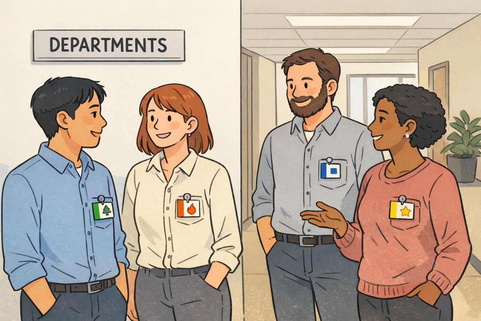 Office hallway with employees wearing badges featuring a consistent left stripe and simple icons to aid quick department recognition.