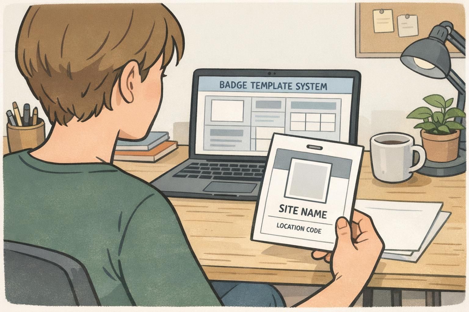 Designer at a desk building a badge template system on a laptop with a paper proof showing a blank photo box, site name, and location code.