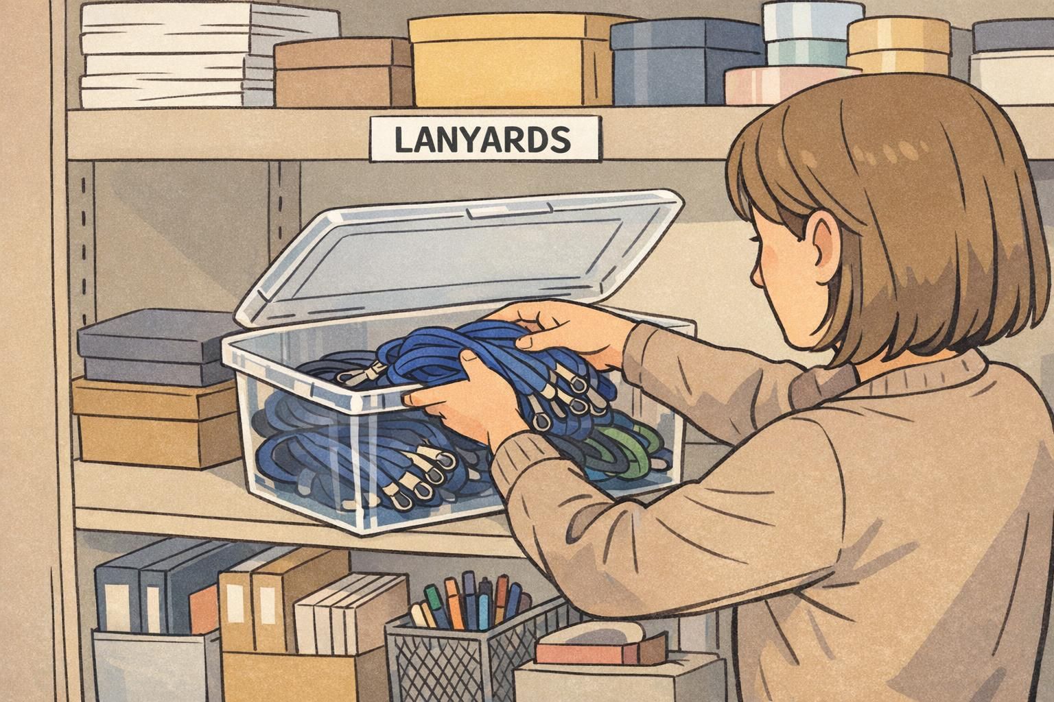 A supply closet shelf with neatly coiled lanyards stored in a clear labeled bin, organized and ready for the next event to prevent extra orders.