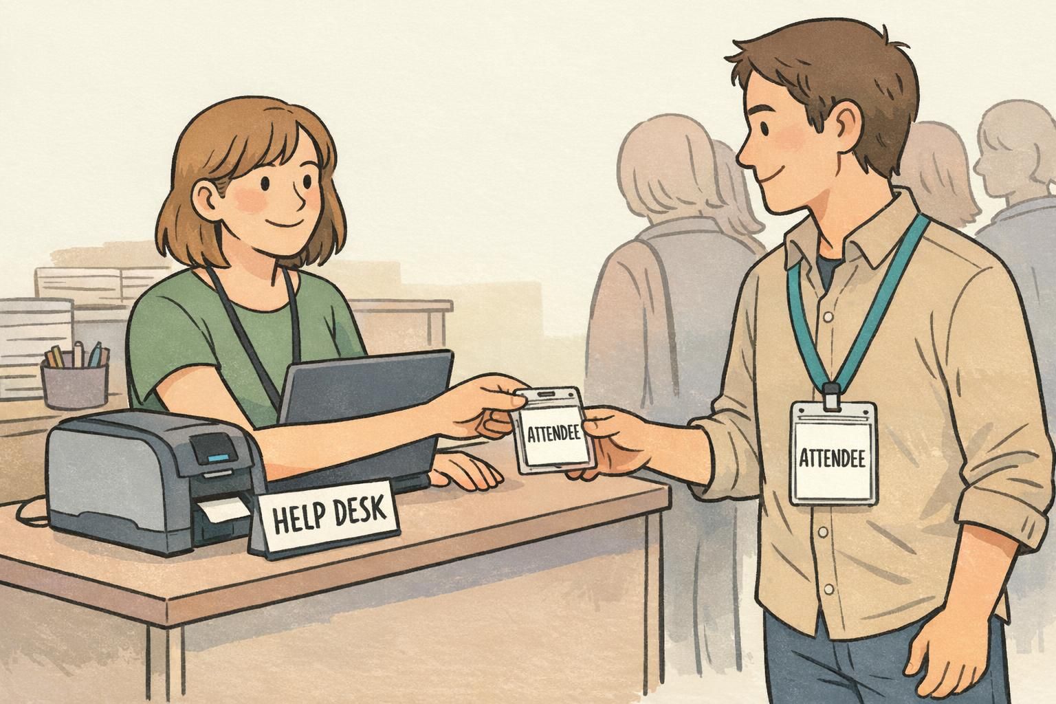 Help desk staff correct an attendee record and hand over a newly printed badge using on site badge printing to resolve a name change.