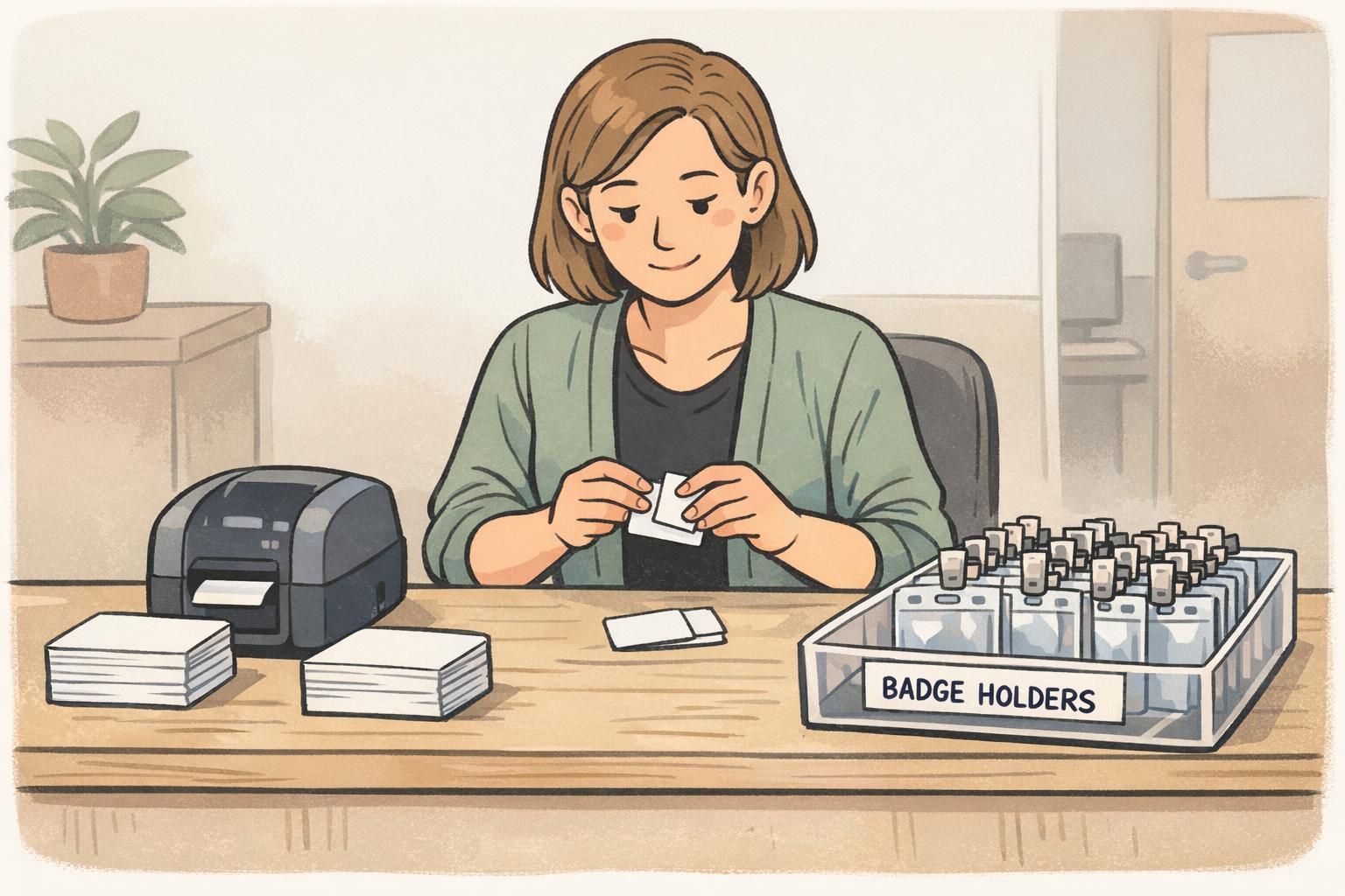 Reception desk organizing blank badge inserts, a desktop badge printer, and clear holders to prepare for a high-volume guest check in rush.