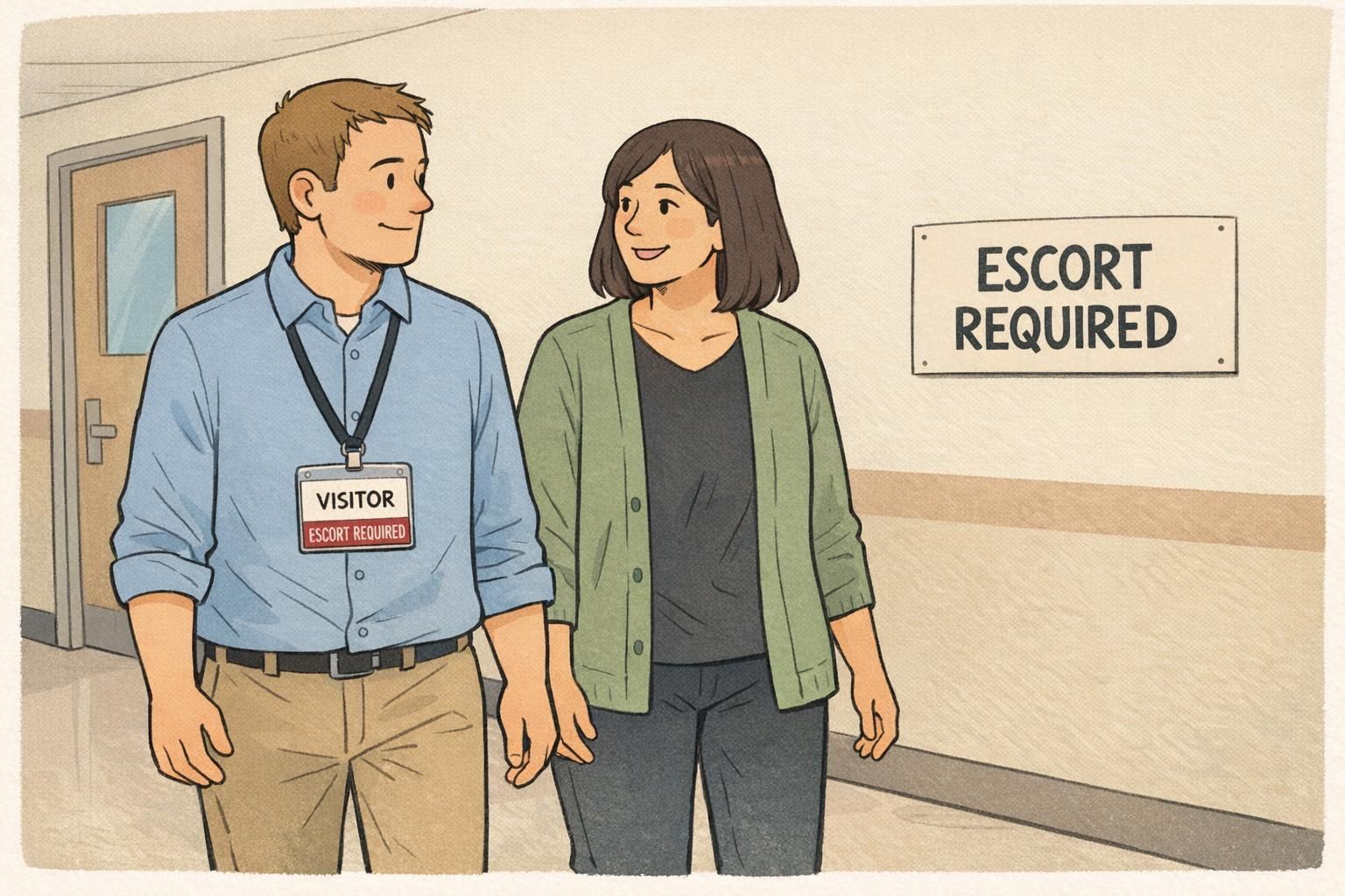 Visitor walking beside their host in a hallway wearing a temporary badge that indicates escort requirements.