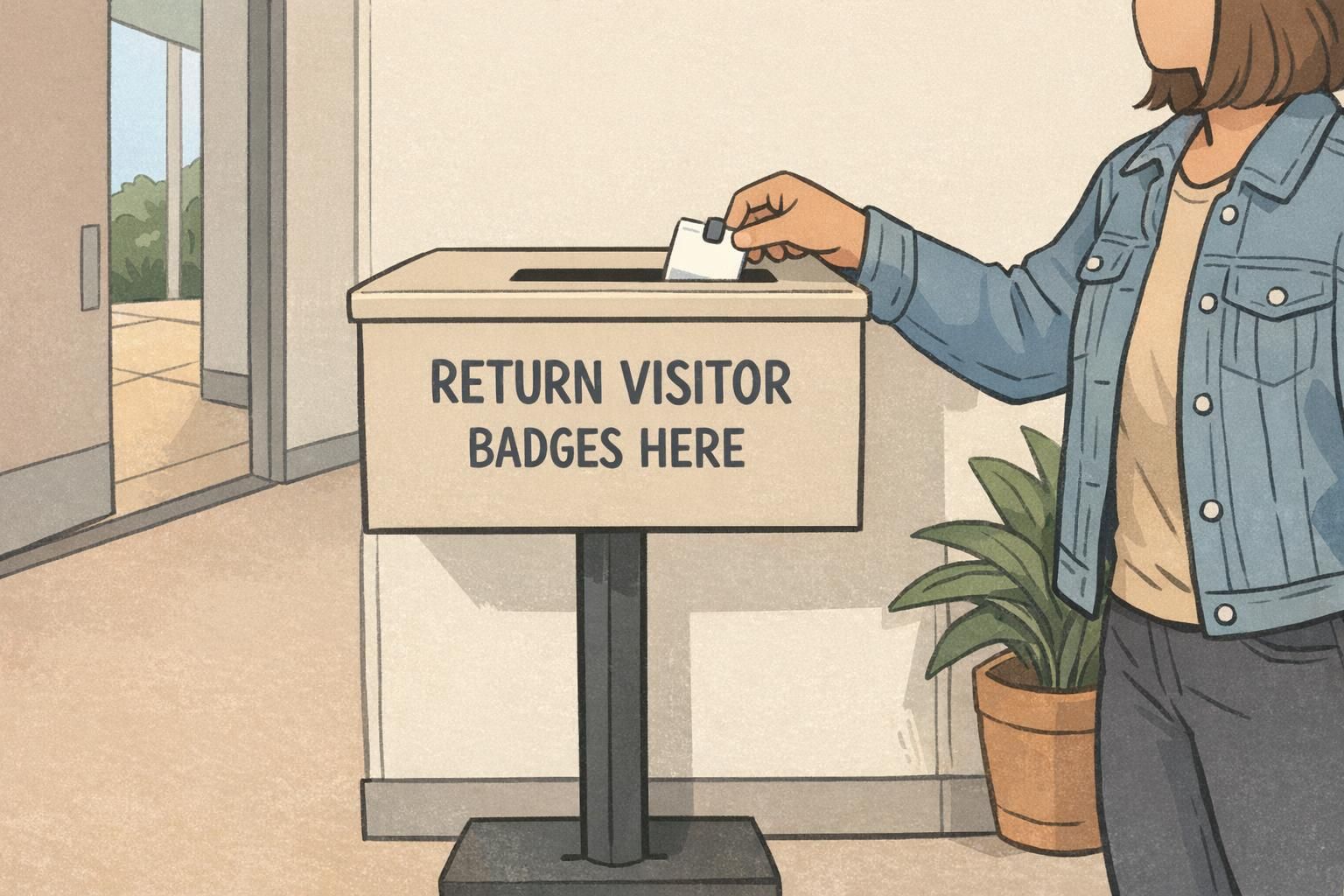 Guest placing a visitor badge into a clearly labeled drop box at the exit to complete the badge return process.
