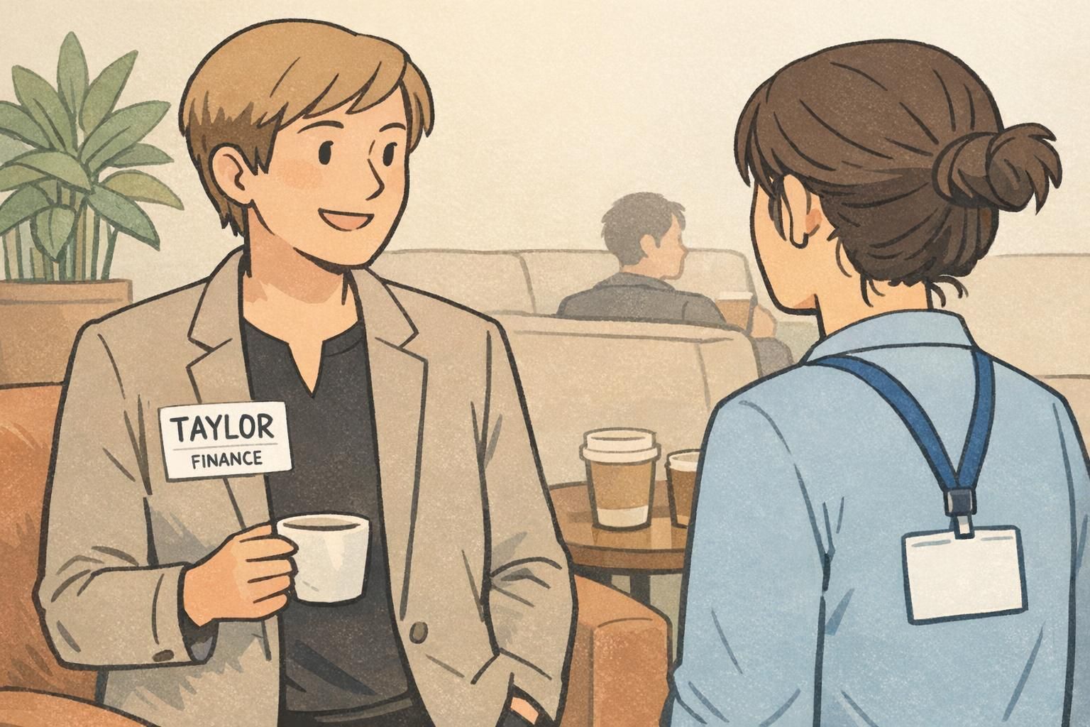 An attendee wearing a networking name tag adhesive label on a blazer that displays a large first name and a clear role line in plain sans-serif type.