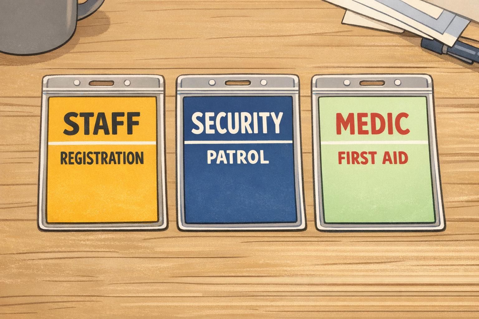 Close-up of three event staff badge designs laid side-by-side, each showing large, high-contrast role text like STAFF, SECURITY, and MEDIC to support quick staff identification.