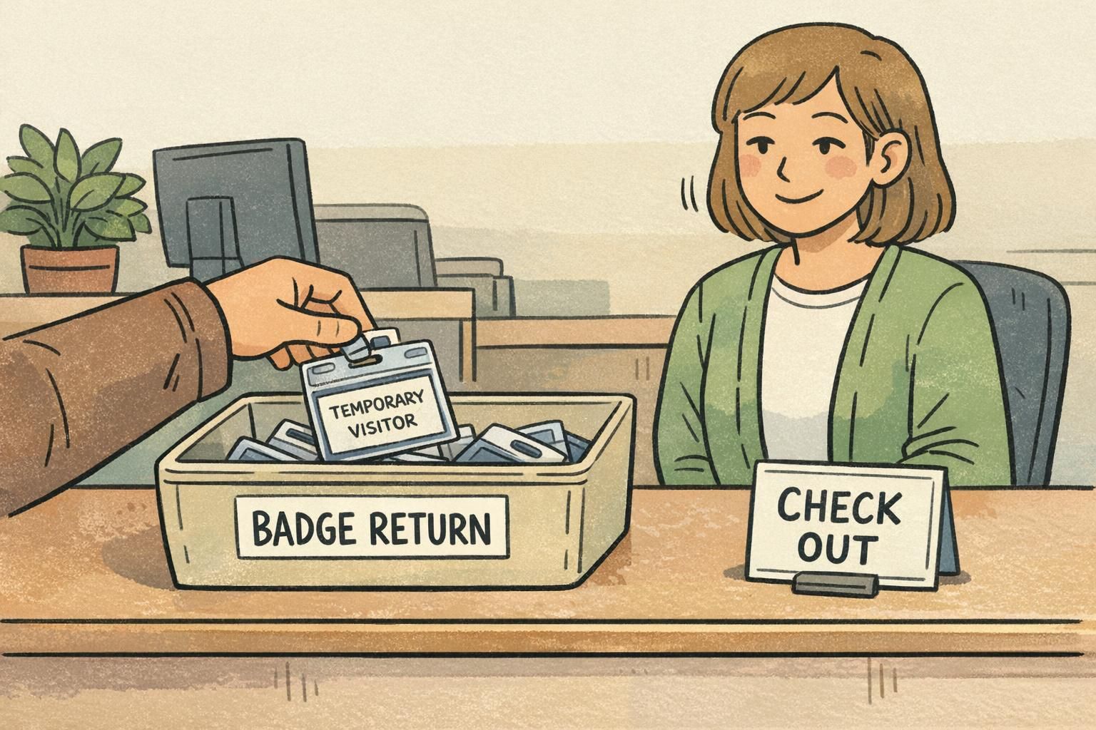 Person returning a temporary badge into a reception return bin during check-out to complete departure procedures.