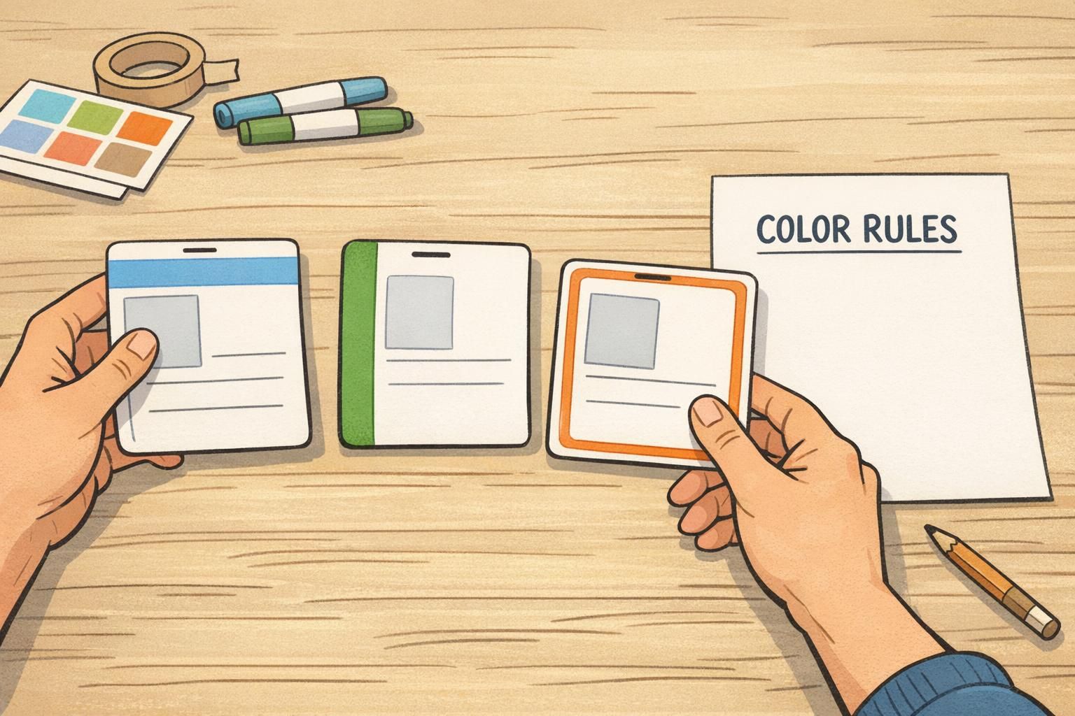 Designer arranging sample ID cards on a tabletop showing safe color placement: a top header bar, a side stripe, and a border while keeping name fields high-contrast.