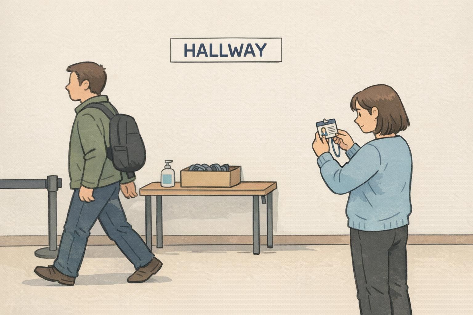 A person walks past while another tries to read a sample ID badge from several steps away during a live hallway check.