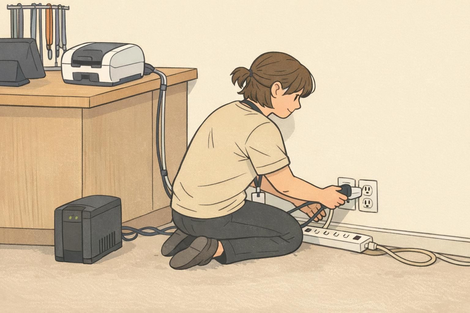 Staff plugging a surge protector and extension cord into a wall outlet next to a small UPS, with neatly routed printer power cable to support on-site printing.