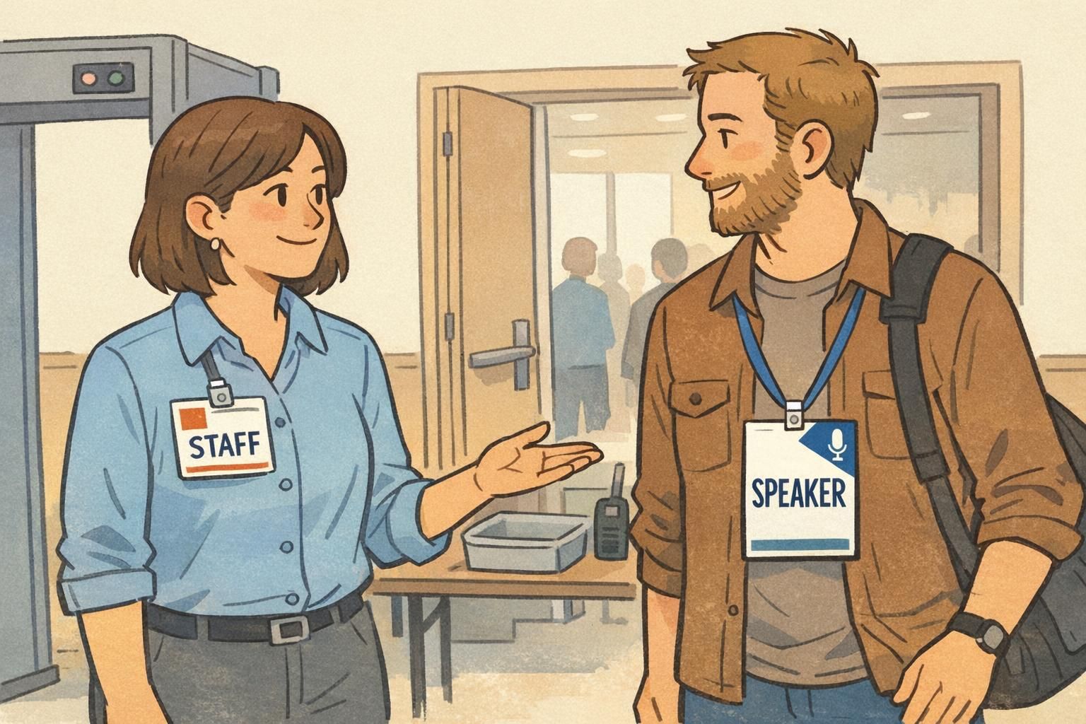 A staff member checks a speaker badge at a conference room entrance; the speaker badge features a diagonal corner marker with a microphone icon.