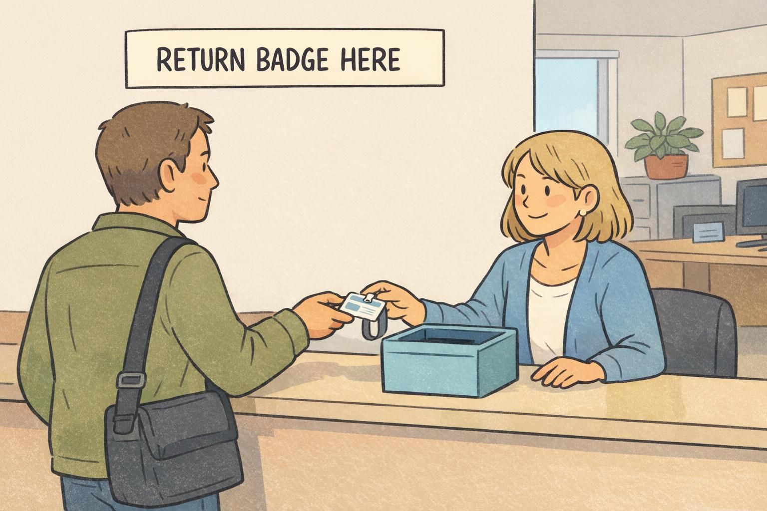A visitor returning a reusable badge at a labeled return box on the front office counter near the school exit.