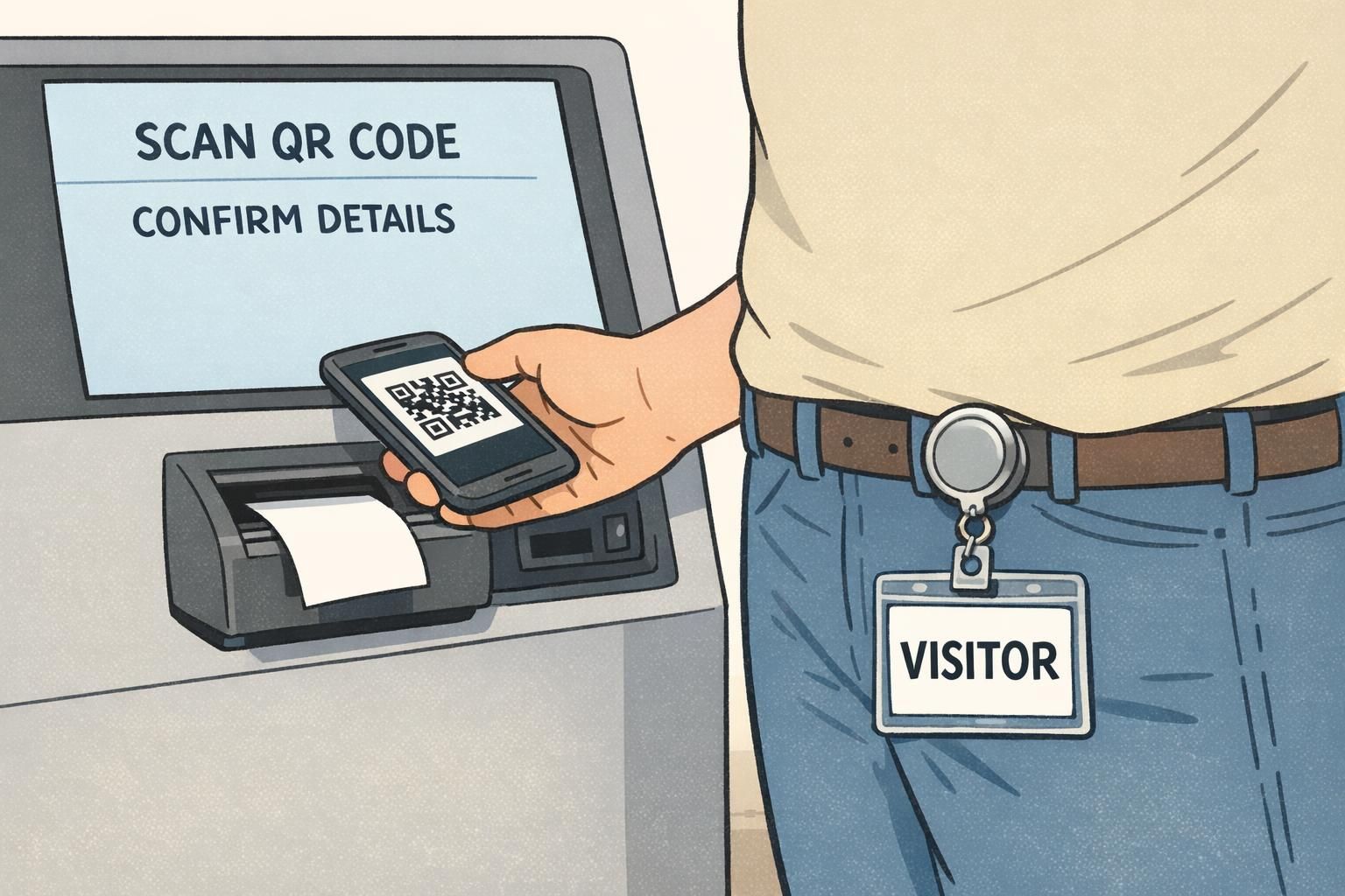 Visitor scans a QR code at a self-service kiosk while a small printer outputs a visitor pass for fast guest check in.