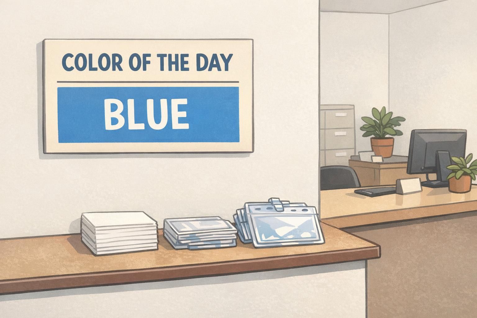 Reception color-of-the-day board next to a check-in counter with stacked blank visitor badge inserts.