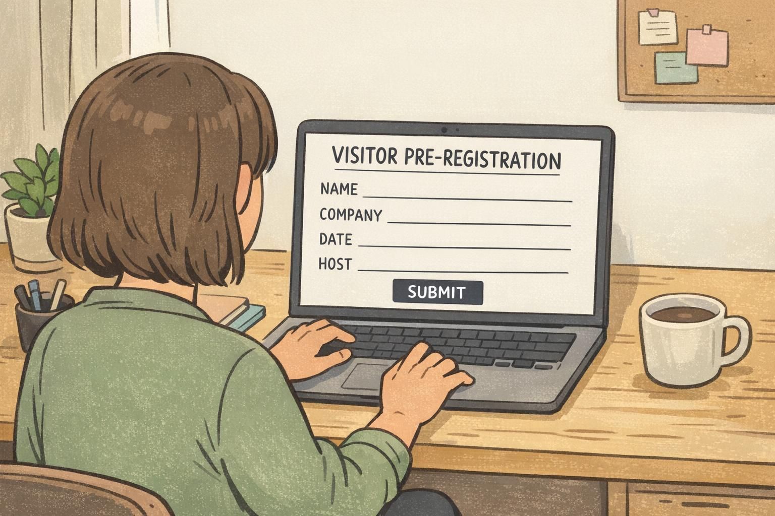 Staff member entering visitor details on a laptop to complete pre-registration before the guest check in.