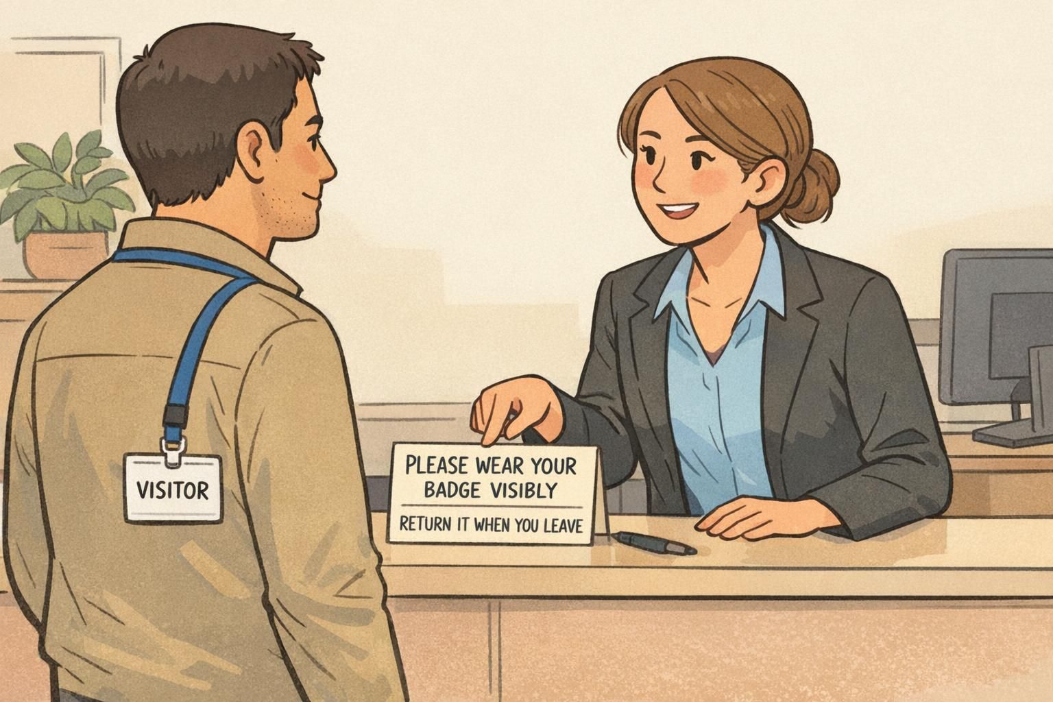 Front desk staff pointing to a small script card instructing guests to wear their badge visibly and return it when leaving, demonstrating check-in phrasing.