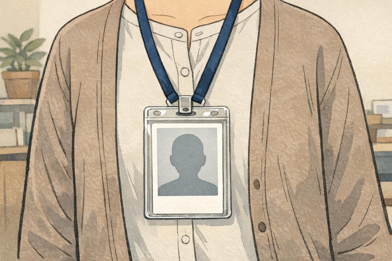 Employee wearing a vertical ID badge on a navy lanyard displays a portrait with a neutral light-gray ID photo background for clear face recognition.
