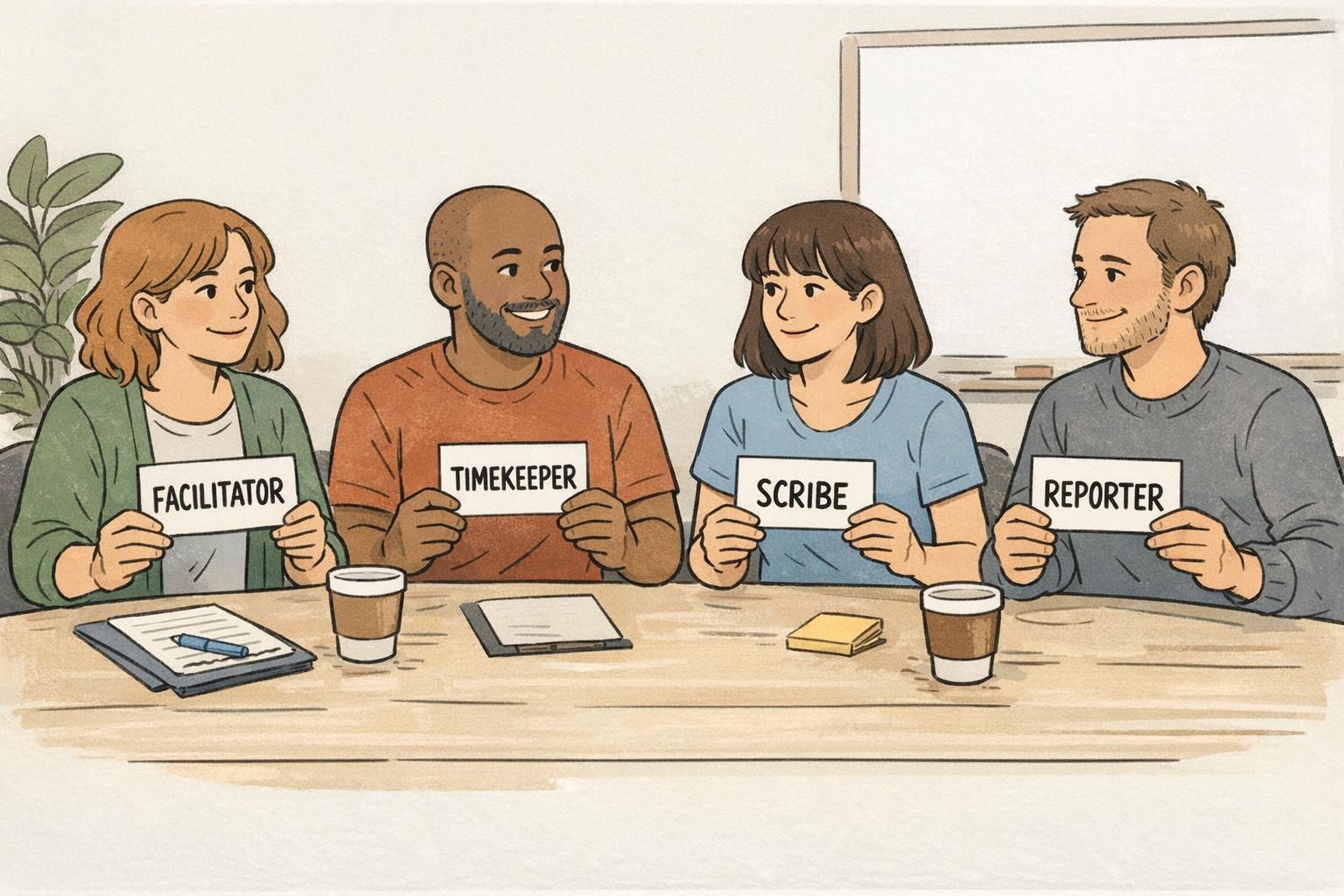 Breakout group at a workshop table holding role cards labeled FACILITATOR, TIMEKEEPER, SCRIBE, and REPORTER for session duties.