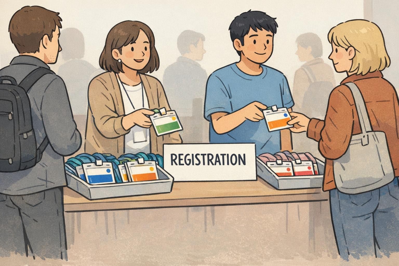 Registration desk distributing event badges in holders with a large track color band and a small day indicator dot for fast wayfinding.