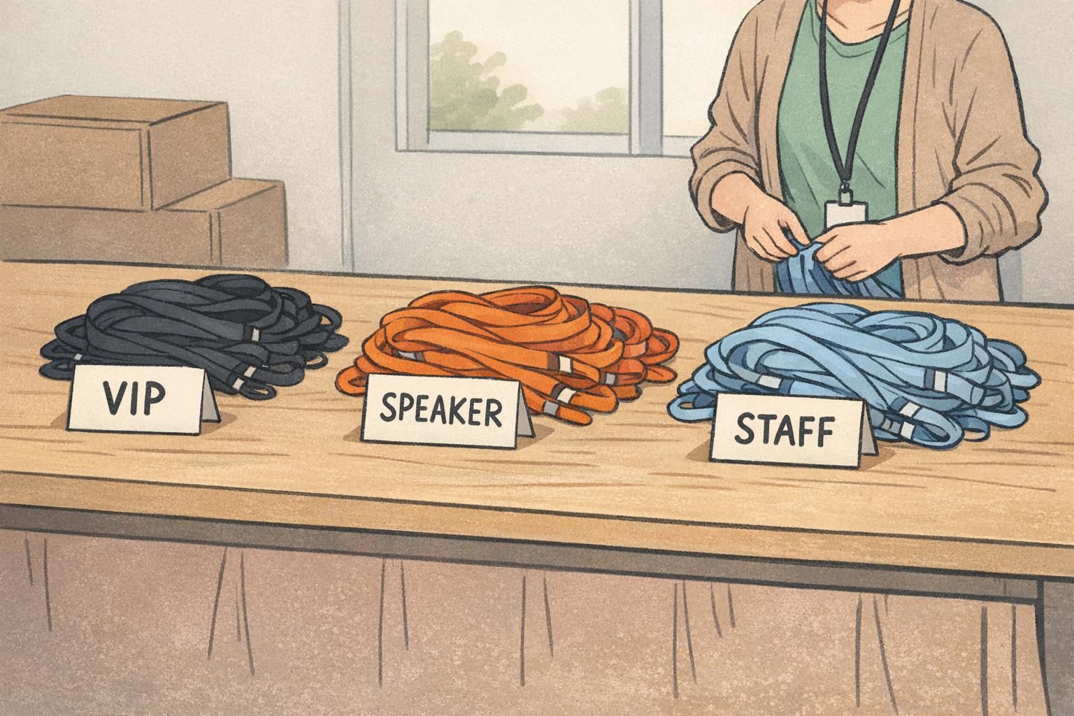 Volunteer table with neatly sorted lanyards in three piles by role color for VIP, SPEAKER, and STAFF to speed distribution at check-in.