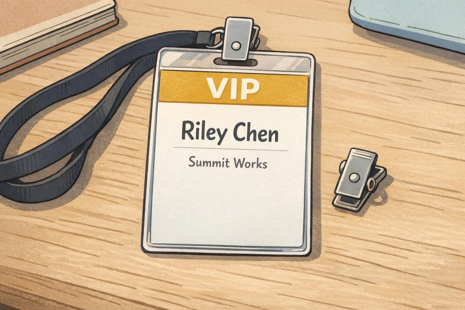 Close-up of a VIP badge template on a desk showing a bold top color band, prominent 'VIP' role text, and a clear name and organization hierarchy.
