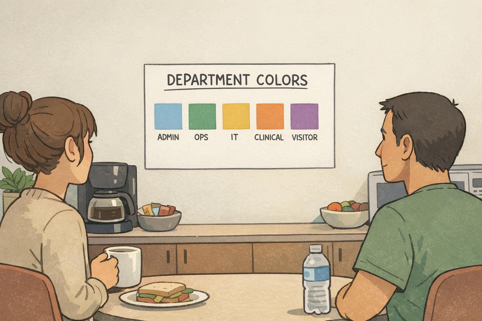 Breakroom poster displaying a scalable palette of five department color swatches for consistent department color coding across locations.