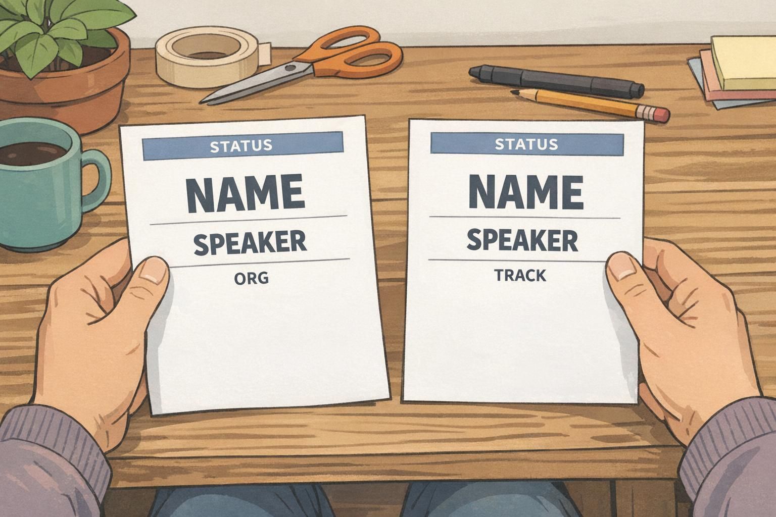 Close-up of an organizer comparing two printed badge layout drafts that emphasize a name-first hierarchy and consistent status placement.