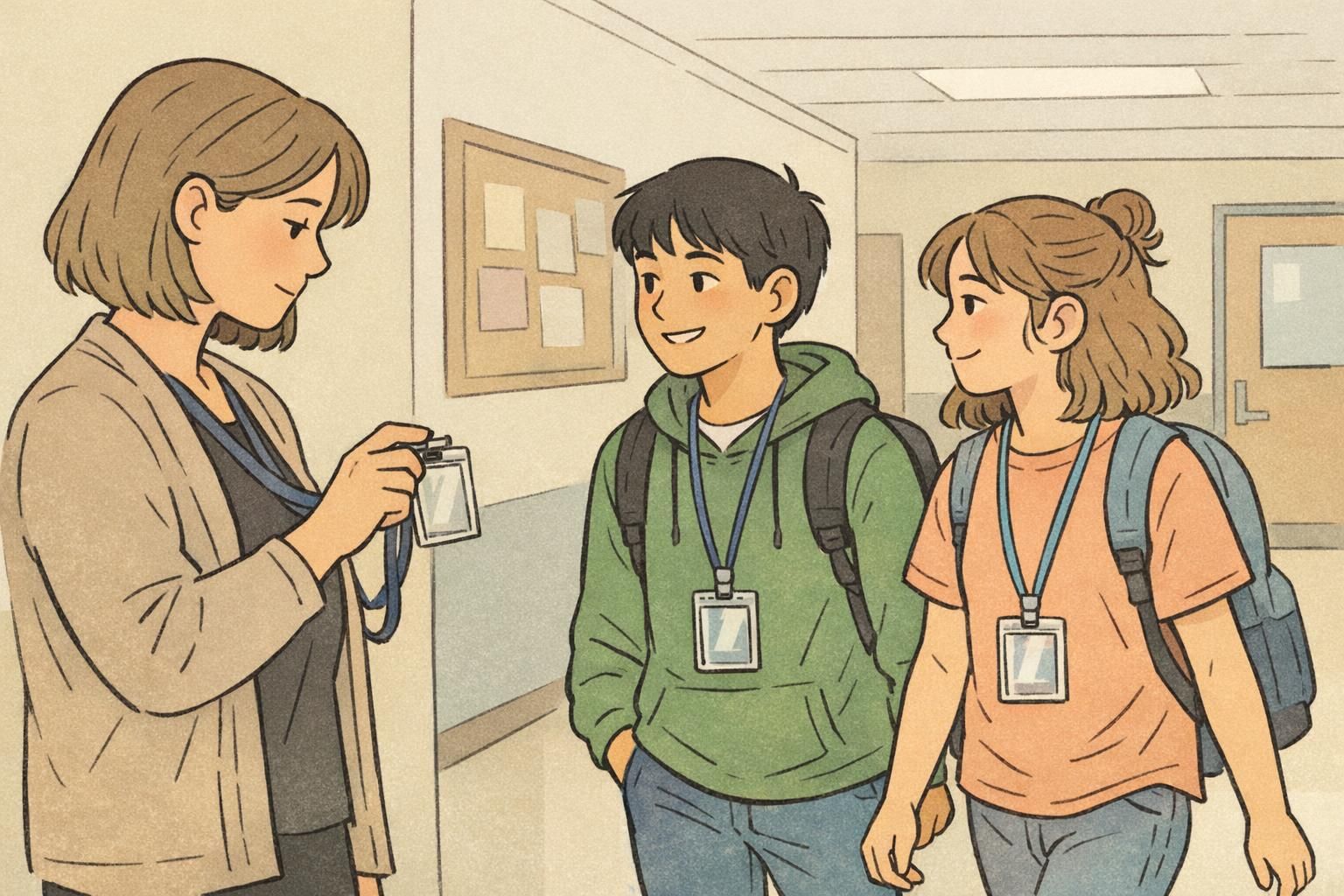 A staff member performs a quick visual check of student badges as two middle-school students walk through a hallway to support campus safety.