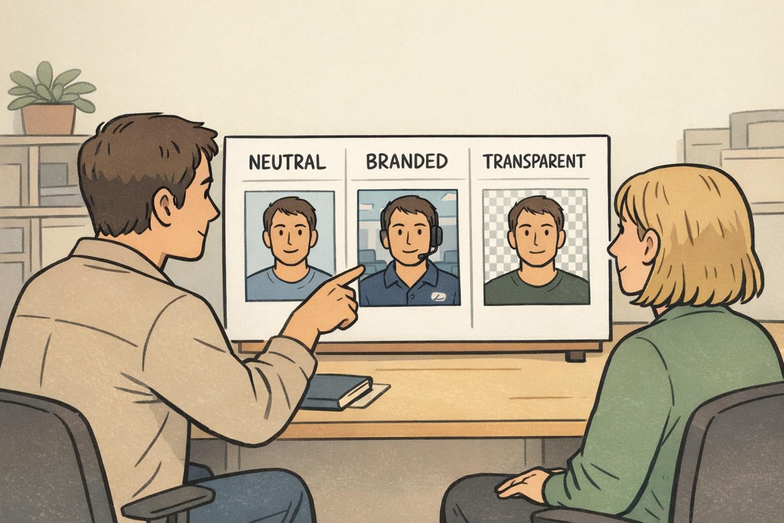 Office coworkers compare employee headshot thumbnails showing neutral, branded, and transparent background options on a three-panel board.