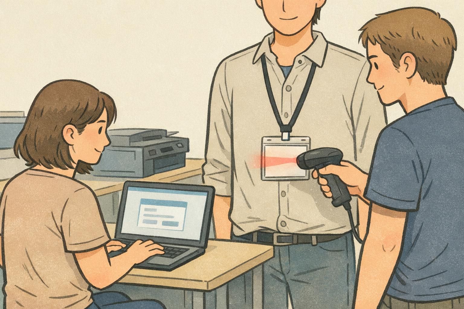 Two staff performing a pre-event dry run: one operates a laptop and printer while the other scans a printed badge to practice the check-in flow.