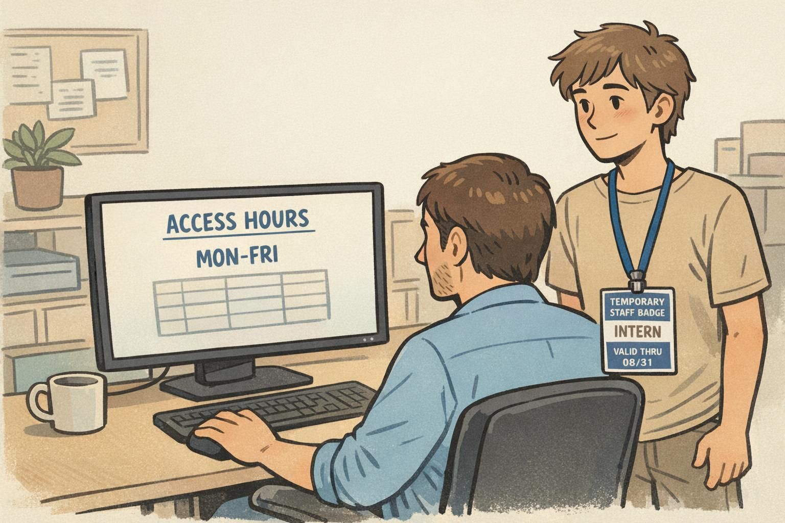 Team lead reviews access hours on a computer while an intern stands nearby wearing an intern ID badge on a lanyard with a visible expiration date.