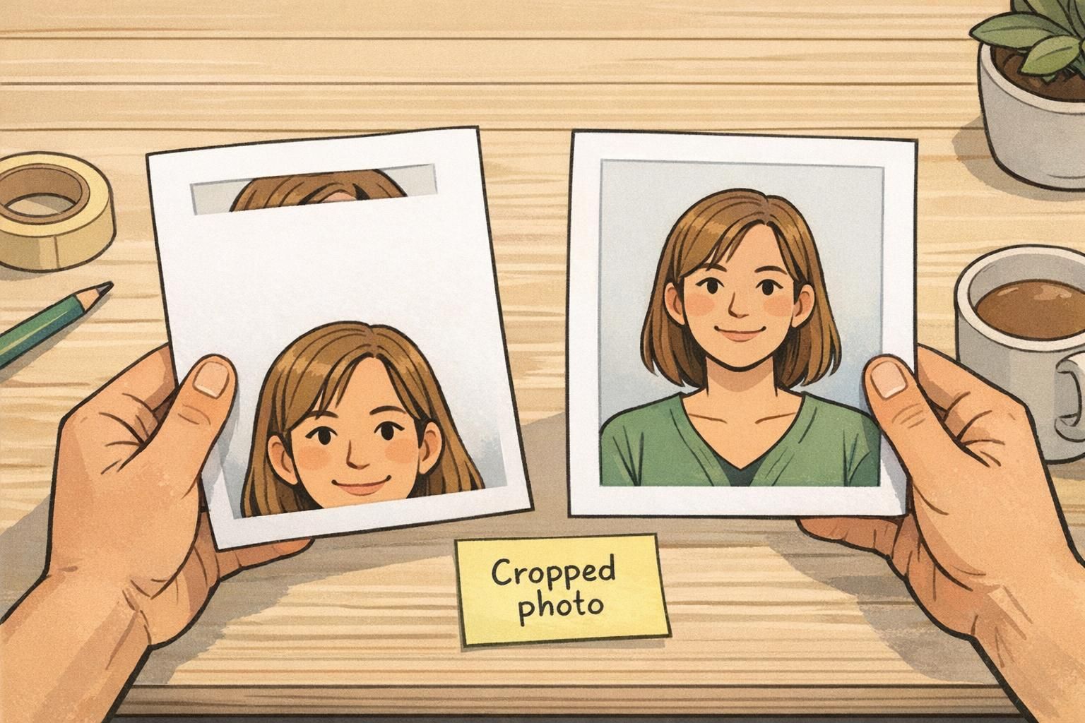 Two printed badge proofs held side-by-side showing a cropped badge photo on one and a centered portrait with safe margins on the other.