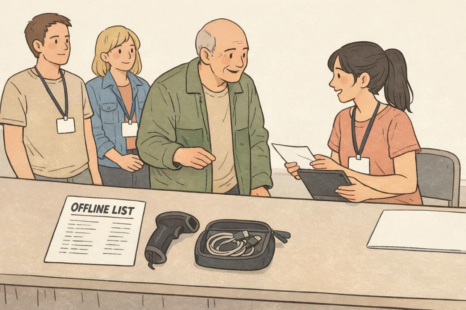 Registration contingency kit with a handheld scanner, spare charging cable, and an OFFLINE LIST sheet as a fallback for no-signal event check in.