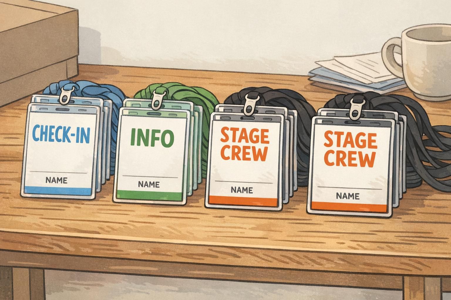 Stacks of event badges sorted by role and ready for distribution, including CHECK-IN, INFO, and STAGE CREW labels for efficient check-in.